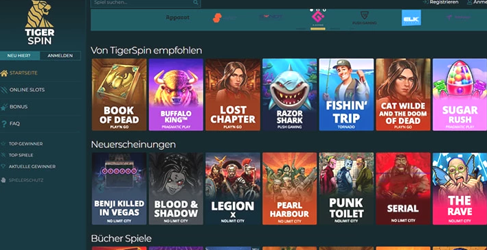 Auswahl der Spielautomaten bei TigerSpin Casino mit verschiedenen Themen