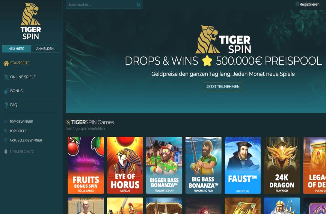 TigerSpin Casino Desktop Ansicht mit Spielauswahl und Menü